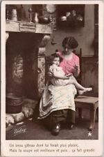 Vintage 1900s French Tinted Photo RPPC Postcard Mother & Girl / Fireside Hearth picture
