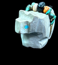 Zuni Fetish Carving bear with prayer bundle turquoise eyes picture
