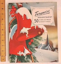 VINTAGE 1940's Christmas Turquois Box 50 Chrismas Greeting Cards w/Envs UNUSED picture