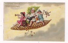 Early 1900's  Fantasy Chistmas Postcard 3 Cherubs Skiing On A Pine Cone Unposted picture