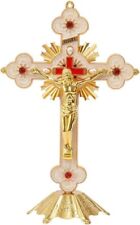Golden Standing INRI Crucifix Jesus Cross Red Crystallized Glass & White Enamel picture