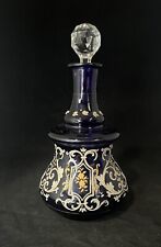 Bohemian Perfume Bottle Cobalt Blue Crystal Stopper Hand Painted Antique 10.5” picture