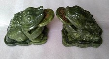 2pc Money Toad 3-leg frog Dark green South China jade fengshui statue home store picture
