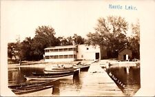 Real Photo Postcard Boats, Dock, Building, Beach in Battle Lake, Minnesota picture