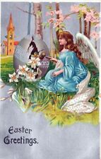 EASTER - Angel With Flowers In Egg Easter Greetings Postcard - 1909 picture