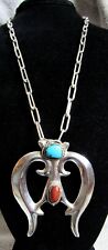 Navajo Indian Sterling Silver Turquoise Coral Sandcast Naja Pendant & Necklace picture