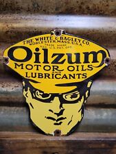 VINTAGE OILZUM PORCELAIN SIGN OLD WHITE BAGLEY LUBRICANTS MOTOR OIL LUBE SERVICE picture