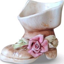 Vintage Italian Ceramic Shoe Boot Planter Figurine Pink Applied Rose Made Italy picture