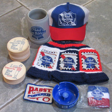 VTG Pabst Blue Ribbon Beer LOT Ashtray patch 70's Hat Mug 1960's Coasters HUGE picture