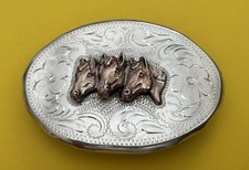VTG Old Western American Fleming Sterling Silver Triple Horse Heads Belt Buckle picture