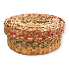 Vintage Small Sweet Grass Woven Basket Fitted Lid Round Multicolor Trinket Box picture