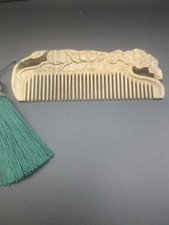 Beautiful Antique Carved Green Sandalwood Comb Double Sided  Massage + Bag & Box picture