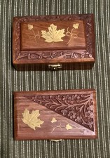 Two Vintage Hand Carved Wood Jewelry / Trinket Storage Boxes with brass inlay picture
