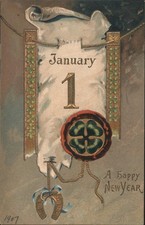 January 1st, 1907 New Year's Day Calendar with Four-Leaf Clover & Horseshoe picture