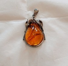 Vintage Art Nouveau Style Baltic Amber & Polished Silver Leaf Motif Pendant 28g picture