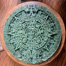 Vintage Large 16” Mayan Calendar Crush Malachite Stone Wall Hanging Aztec 💚 picture