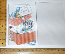 1 Vintage Birthday Greeting Card Kitten 1940s w Env UNUSED Glitter & Flocking picture