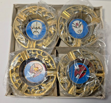 Vintage Set of 4 Brass Chinese Peking Opera Mask Ashtrays - Original Box Taiwan picture