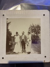Antique Edwardian Outdoor Photo Man & Two Women Summer Dresses Garden Snapshot picture