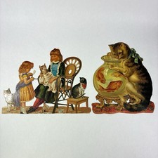 2 Vtg 1985 Merrimack Die Cut Embossed Victorian Cat Goldfish & Dress Up Girls picture