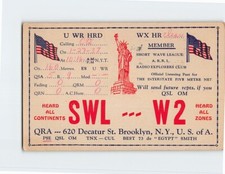 QSL/QSO Radio Card SWL W2 Short Wave League Brooklyn NY Liberty Statue US Flags picture
