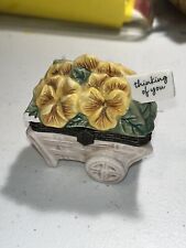 Vintage Hallmark Pansy Yellow Flower Cart Thinking of You Hinged Trinket Box EUC picture
