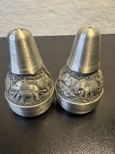 Vintage Oriental Pewter Thailand Elephant Salt & Pepper Shakers Repousse Village picture