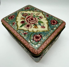 Vintage Embossed Floral Pink Flowers Hinged Tin Box Lid Container Holland Metal picture