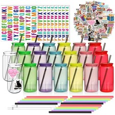 Paoren 20pk 16oz Acrylic Can Shaped Plastic Cups w/ Lids & Straws - Unbreakable picture