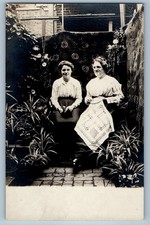 c1910's Two Women At House Garden Quilting RPPC Photo Unposted Antique Postcard picture