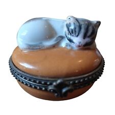 Vintage Cat on Cushion Limoges Hinged Trinket Box picture