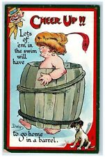 c1910's Cheer Up Woman In Barrel Dog Dwig Embossed Tuck's Antique Postcard picture