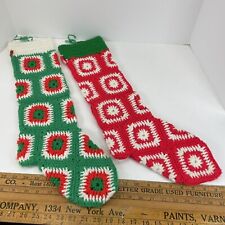 Vintage Granny Square Christmas Stockings Crochet Afghan Boho Lot of 2 Red Green picture