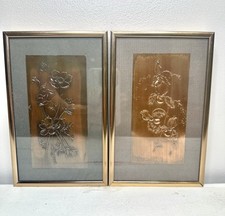 Vintage MCM Hammered Embossed Copper Relief Panel Flowers Framed 5x8 Chinoiserie picture