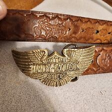 Vtg 1970s? Harley Davidson Tooled Leather Belt & Solid Brass Buckle Sz 32-37 picture