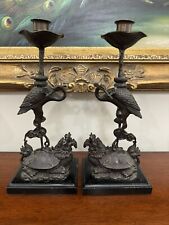 Vintage Chinese Bronze Turtle Crane Dragon Statues Candleholders Set Of 2 picture