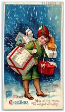 1911 Merry Christmas Boy Holding Gifts Ellen Clapsaddle Artist Signed Postcard picture