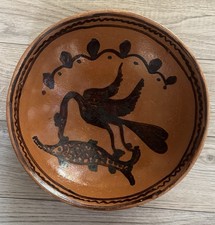 Vintage Mexican Folk Art Redware Terracotta Bowl Heron Fish picture