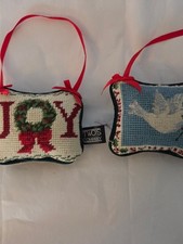 Two's Company Wool Needlepoint Christmas Ornaments Pair JOY Dove Cottagecore picture