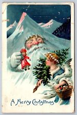1907 Postcard- Fantasy Xmas- SANTA Mountain Children Doll A MERRY CHRISTMAS picture