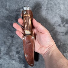 Vintage Monarch 153 Fixed Blade Hunting Knife Japan Faux Stag w/ Leather Sheath picture
