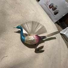  1930s ANTIQUE GLASS PEACOCK CLIP ON XMAS ORNAMENT- SPUN GLASS TAIL&WINGS 1/1 picture