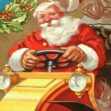 Antique Xmas Greetings Postcard Santa Claus Red Robe Hat Flying Off Driving Car picture
