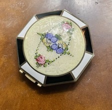 Vintage Art Deco Enamel Powder Compact Floral Guilloche Black White Octagonal picture