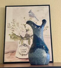 Signed 1989 Doug Wylie Studio Art Cobalt Blue Pottery Drip Glazed Carafe/Vase picture