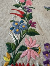 Vtg Hungarian Kalocsa Hand Embroidered Floral Tablecloth Linen 53x65 Scallop picture