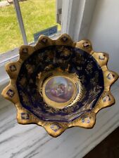 Limoges Vintage French Porcelain Cobalt Blue & Gold Hand Painted Scalloped Bowl. picture