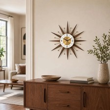 Handmade Mid Century Modern Sunburst Wall Clock Silent Walnut Gold Atomic Decor picture