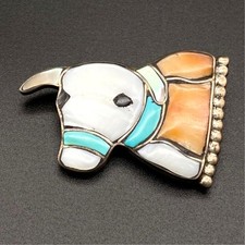 Vintage Zuni William Zunie Cow Bull Turquoise MOP Inlay Silver Brooch Pendant picture