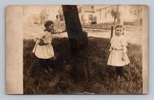 Girls Playing Outside Tree Antique RPPC Real Photo Vintage Postcard picture